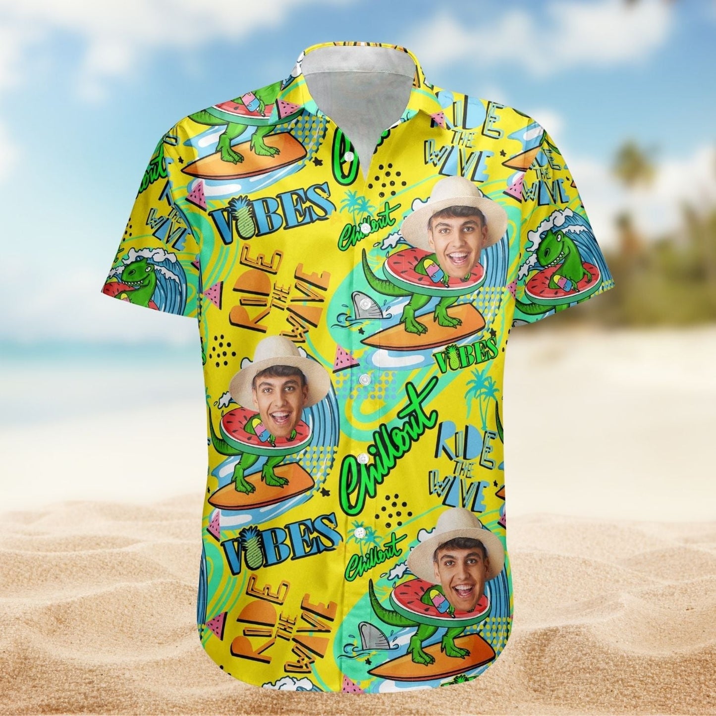Dinosaur Personalized Photo Surfing Ride Wave Summer Hawaiian Shirt For Warm Weather Events And Casual Wear