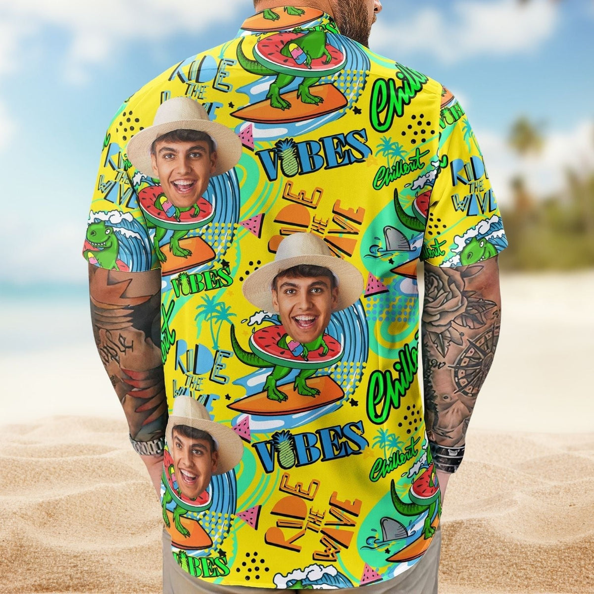 Dinosaur Personalized Photo Surfing Ride Wave Summer Hawaiian Shirt For Warm Weather Events And Casual Wear