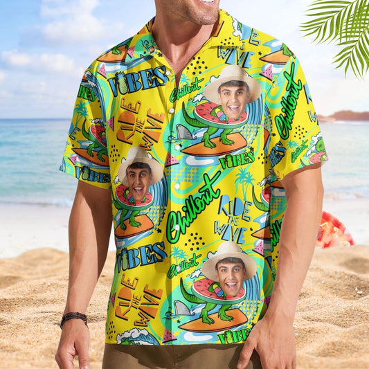 Dinosaur Personalized Photo Surfing Ride Wave Summer Hawaiian Shirt For Warm Weather Events And Casual Wear