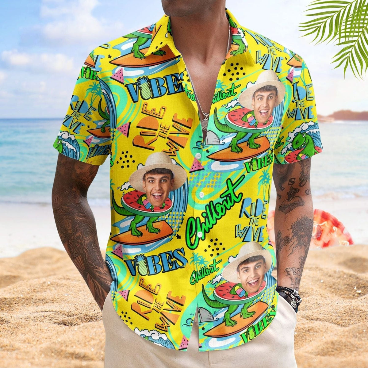 Dinosaur Personalized Photo Surfing Ride Wave Summer Hawaiian Shirt For Warm Weather Events And Casual Wear