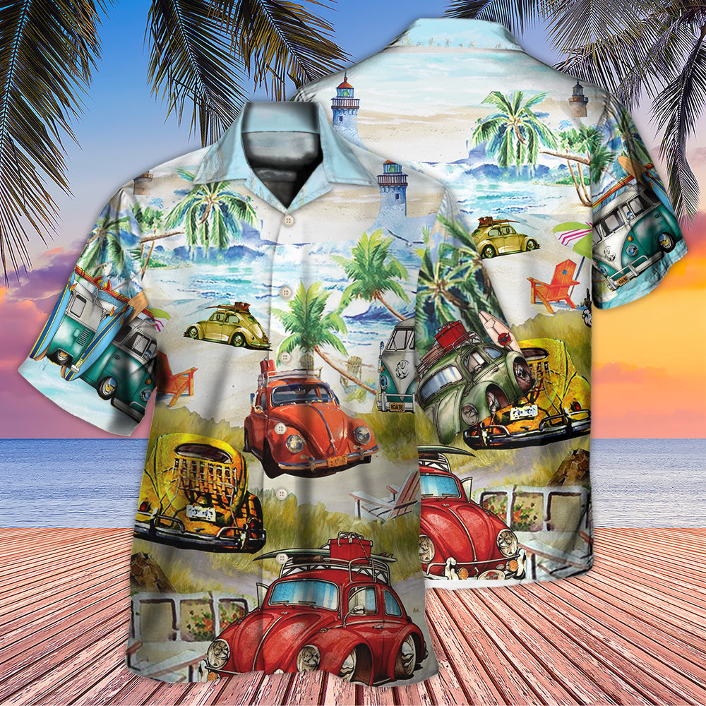 Classic Car And Tropical Beach Hawaiian Shirt For Tropical Travel Beach Gatherings And Comfortable Wear