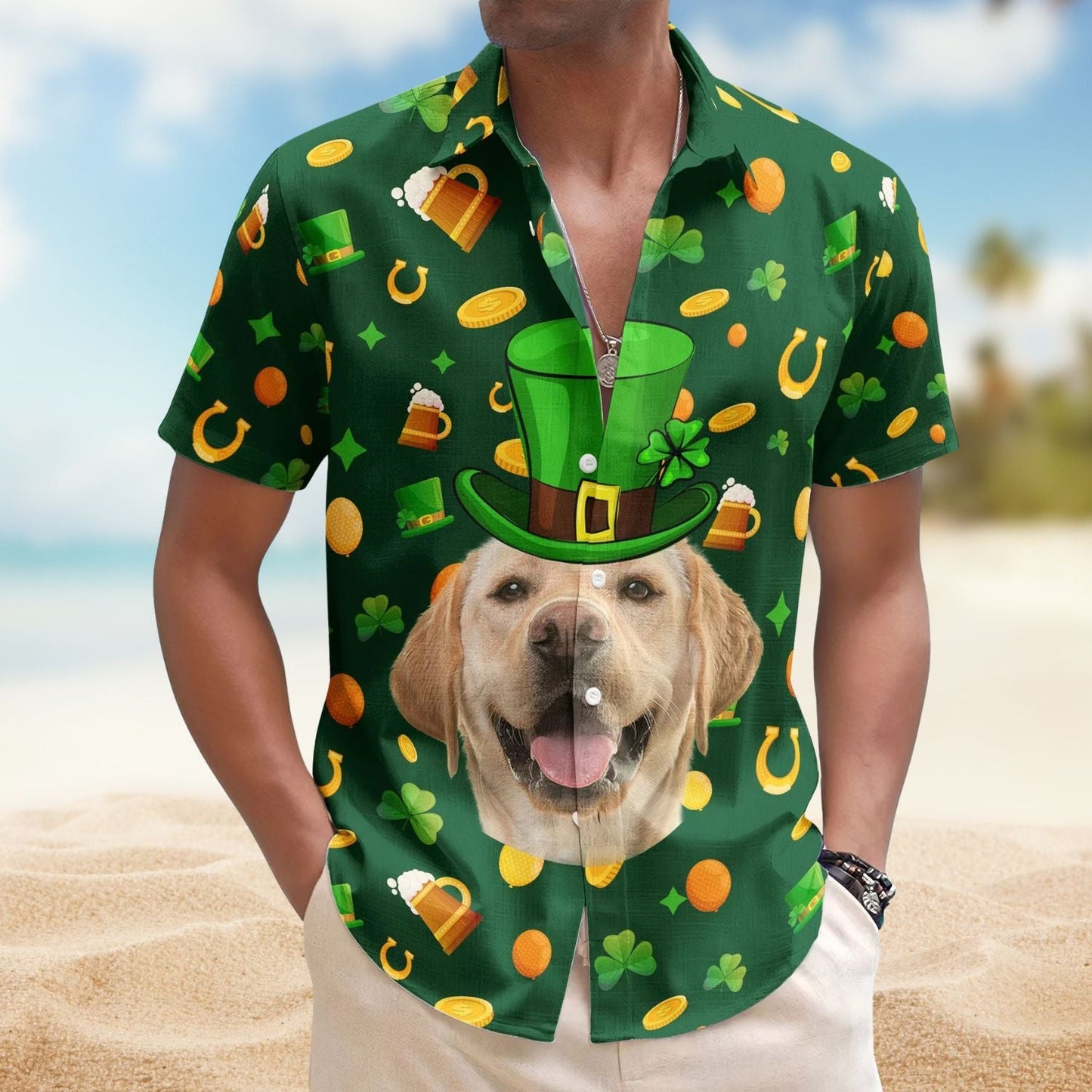 Dog Custom Pet Face St Patrick's Day Hawaiian Shirt For Coastal Travel And Summer Outings