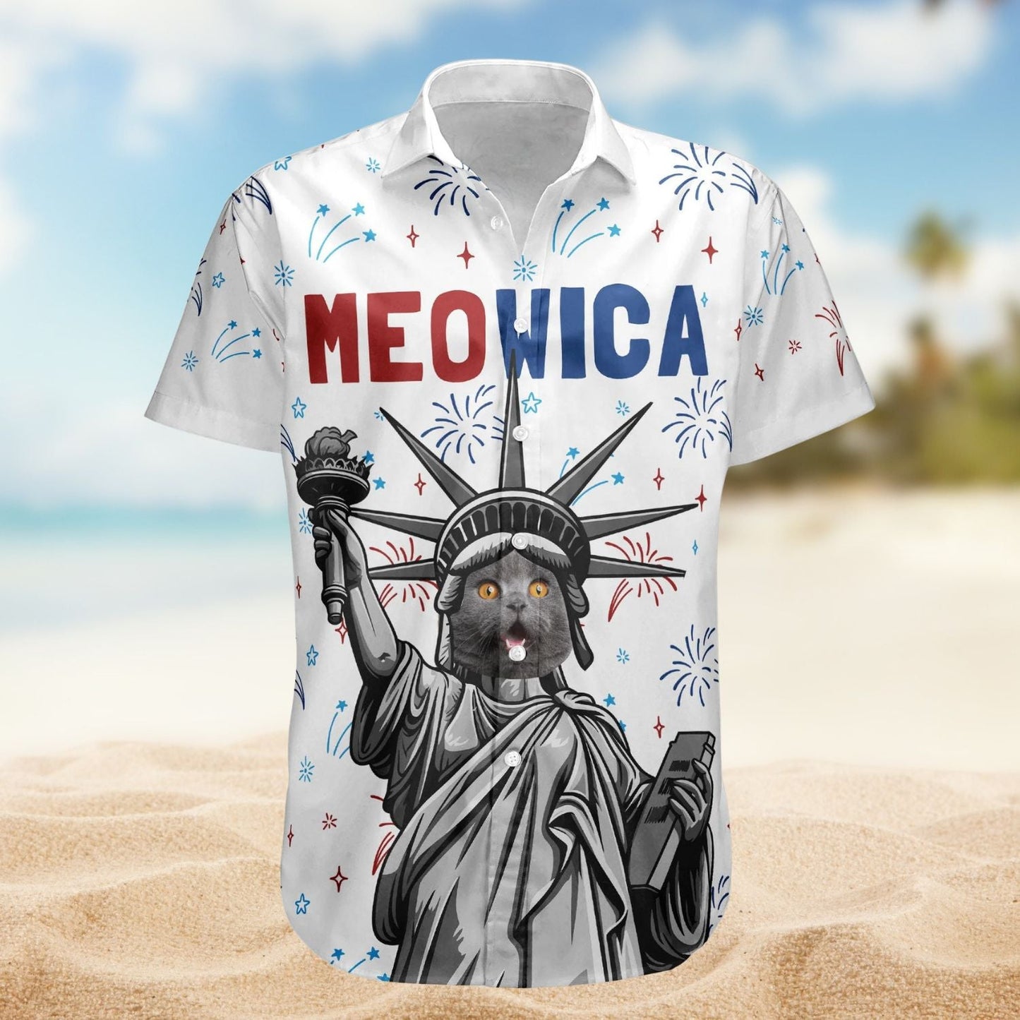 Funny Cat Meowica Personalized Photo Hawaiian Shirt For Warm Weather Events And Casual Wear