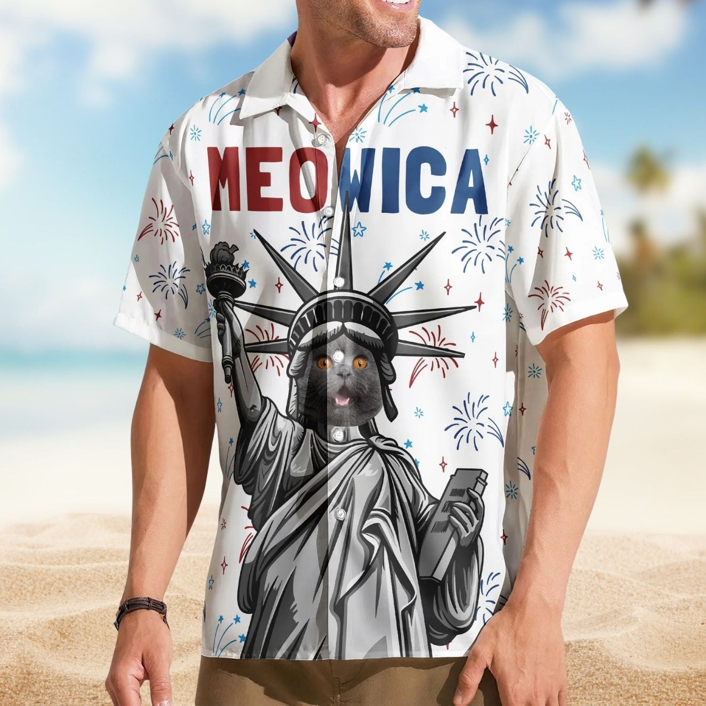 Funny Cat Meowica Personalized Photo Hawaiian Shirt For Warm Weather Events And Casual Wear