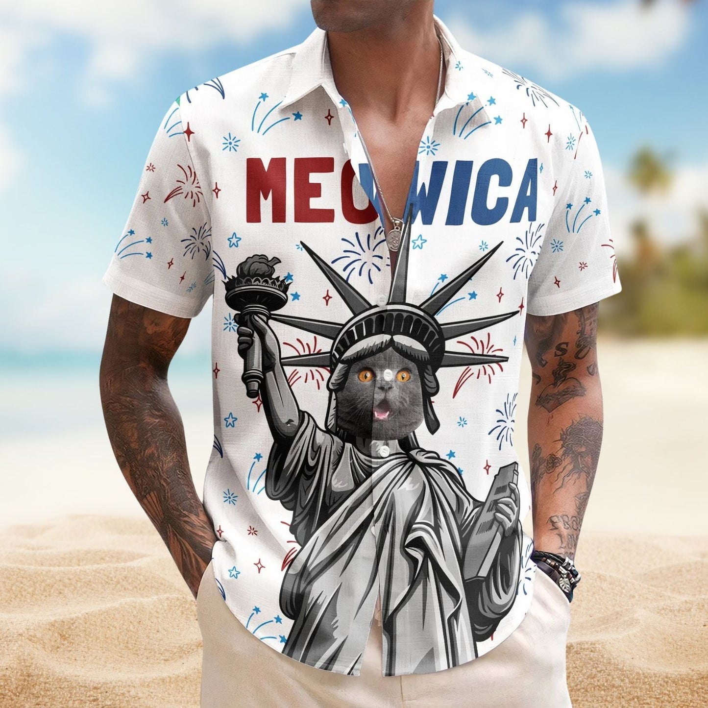 Funny Cat Meowica Personalized Photo Hawaiian Shirt For Warm Weather Events And Casual Wear