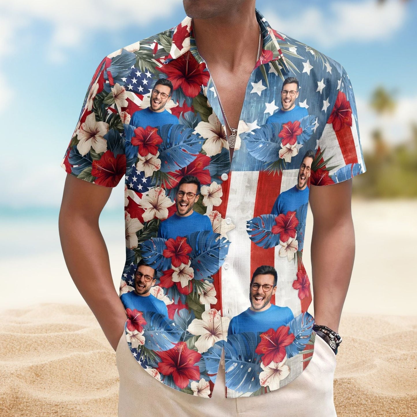Tropical Vintage American Flag Aloha Independence Day Hawaiian Shirt For Coastal Travel And Summer Outings