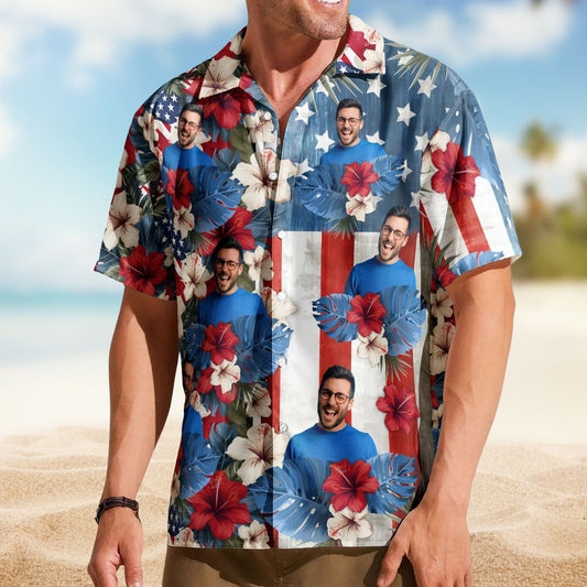 Tropical Vintage American Flag Aloha Independence Day Hawaiian Shirt For Coastal Travel And Summer Outings