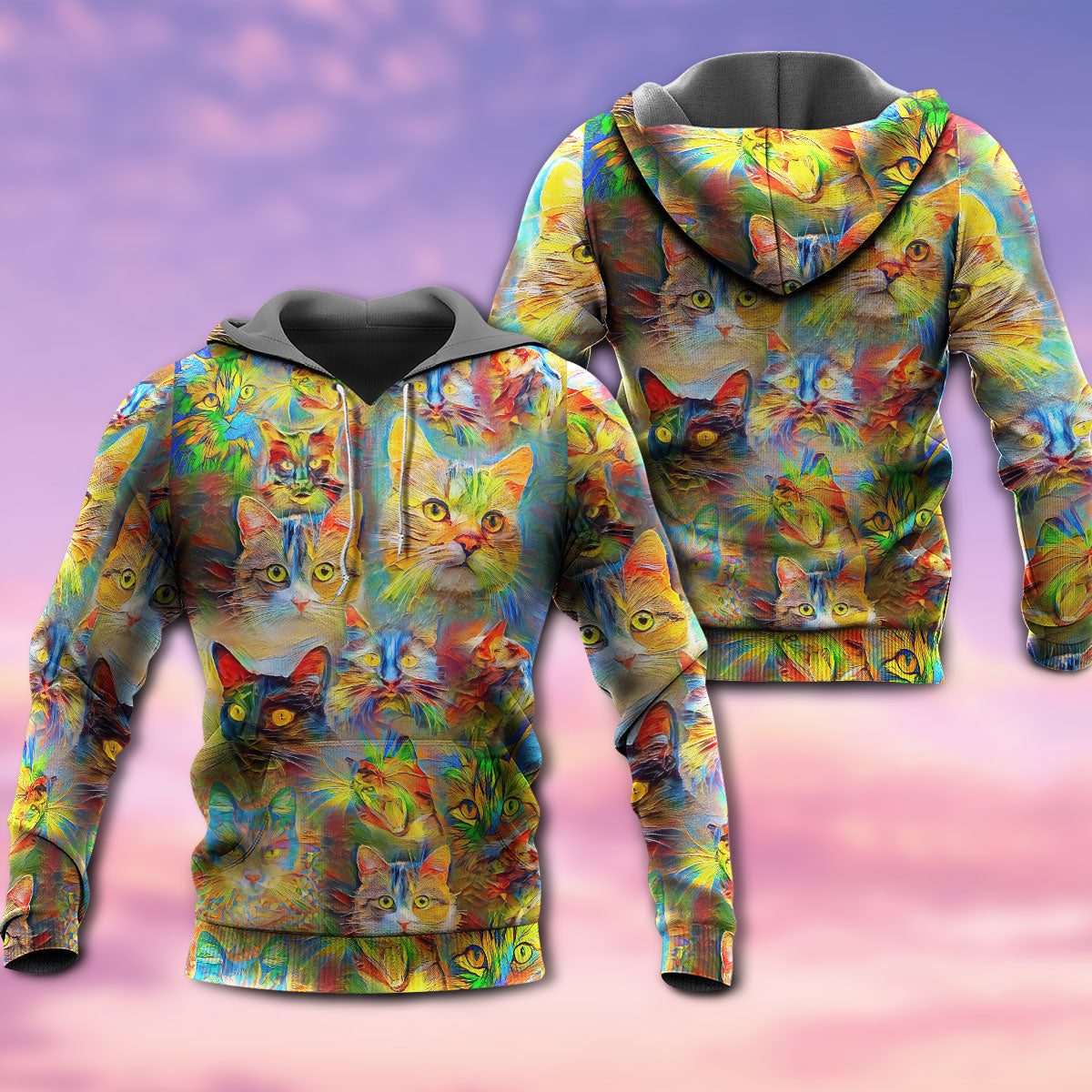 Colorful Cat Painting Hoodie For Nature Inspired Streetwear Weekend Trips And Comfort
