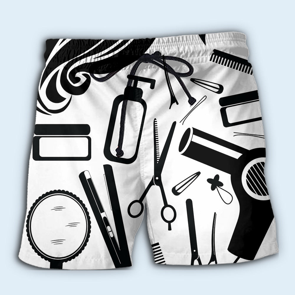 Hairstylist Black And White Beach Shorts Artwork Detail For Casual Warm Weather Outfits