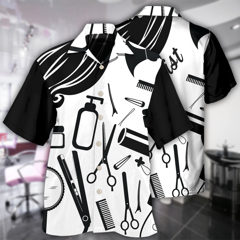 Hairstylist Black White Hawaiian Shirt For Tropical Holidays, Outdoor Gatherings, And Everyday Comfort