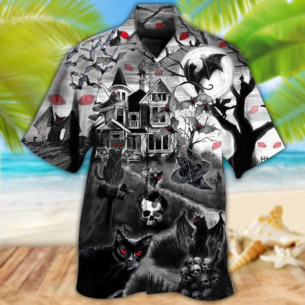 Black Cat Halloween Flying Horror Night Hawaiian Shirt For Resort Getaways And Comfortable Summer Activities