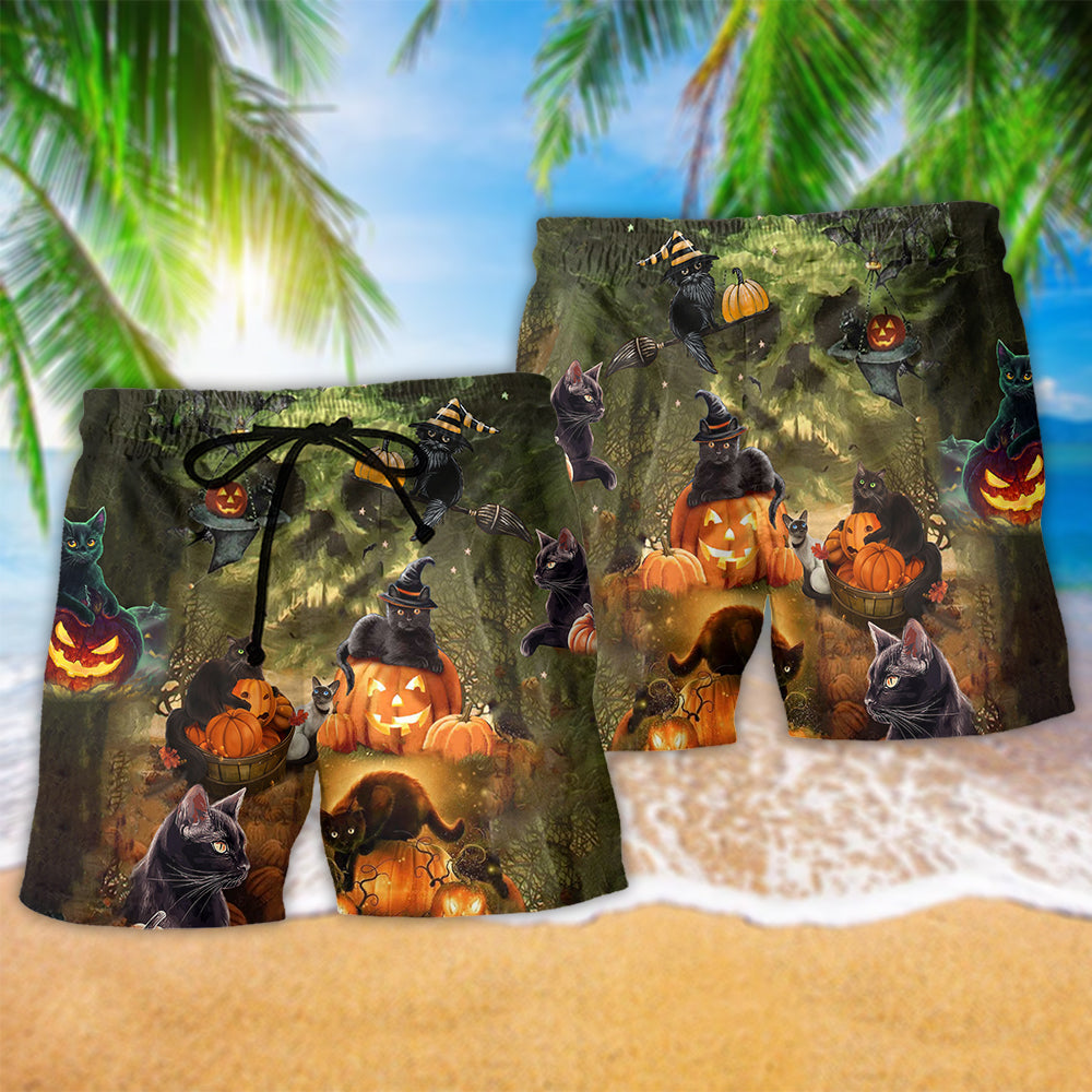 Halloween Black Cat Good Luck Beach Shorts Pattern View For Weekend Trips And Outdoor Activities