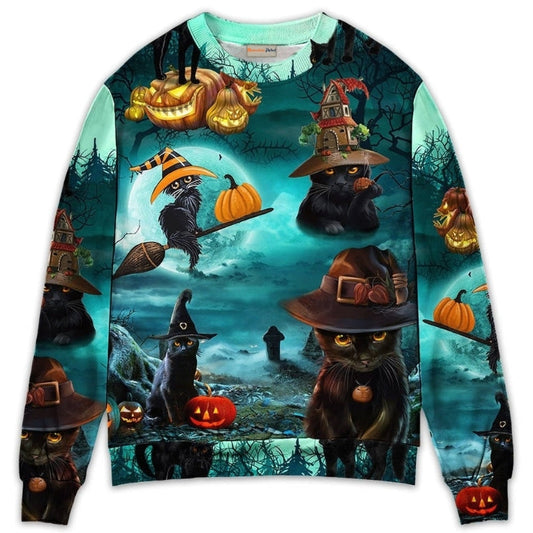 Halloween Black Cat Pumpkin Sweater For Art Fans Travel Parties And Distinctive Casual Style