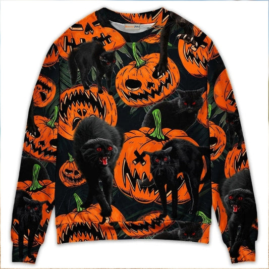 Halloween Black Cat Pumpkin Tropical Sweater For Art Fans Travel Parties And Distinctive Casual Style