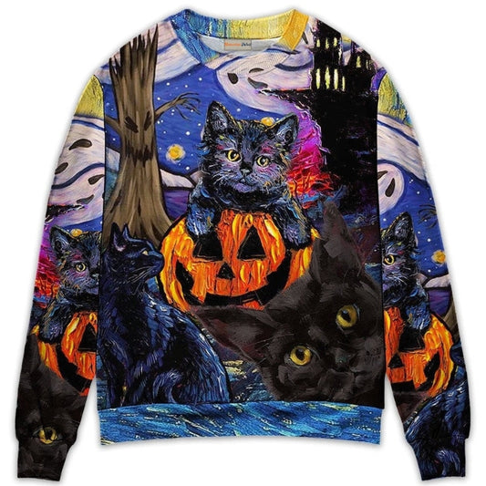 Halloween Black Cat Starry Night Sweater For Fantasy Fans Casual Outings And Weekend Adventures