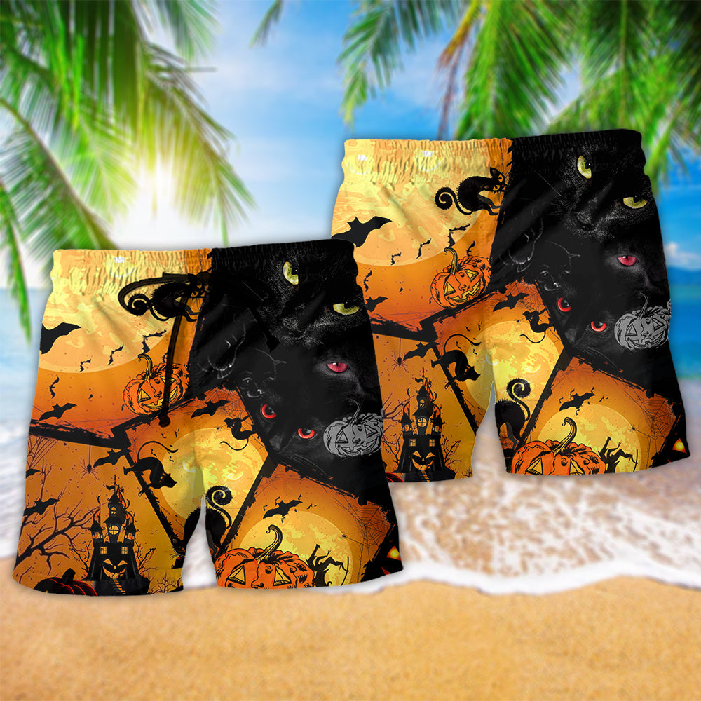 Halloween Black Cat Yellow Eyes Beach Shorts For Halloween Vacation And Festival Style