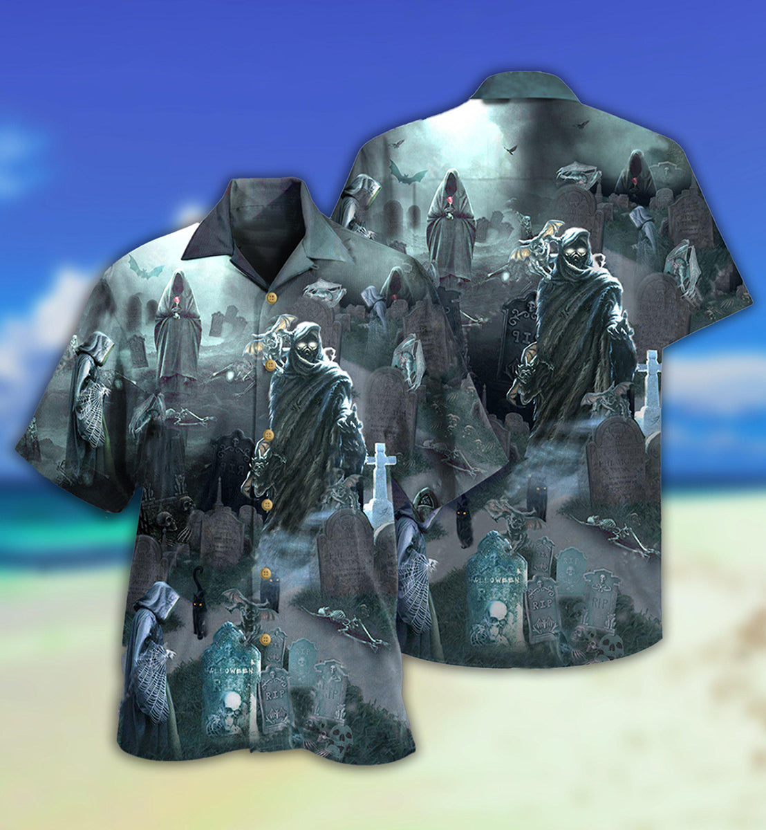 Gray Halloween Death Hold Tomb Back Ground Hawaiian Shirt For Beach Parties And Weekend Getaways