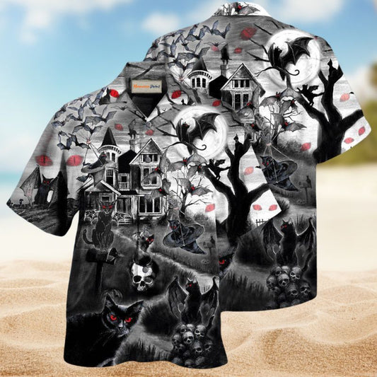 Spooky Flying Cats Hawaiian Shirt For Summer Gatherings Festive Travel And Comfortable Everyday Wear