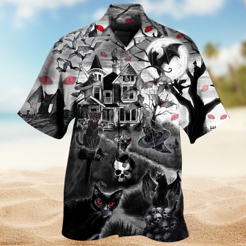 Spooky Flying Cats Hawaiian Shirt For Summer Gatherings Festive Travel And Comfortable Everyday Wear