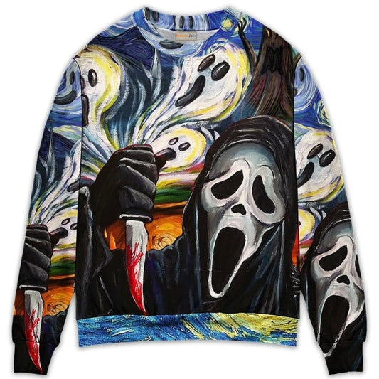 Halloween Ghost Starry Night Sweater For Art Fans Travel Parties And Distinctive Casual Style