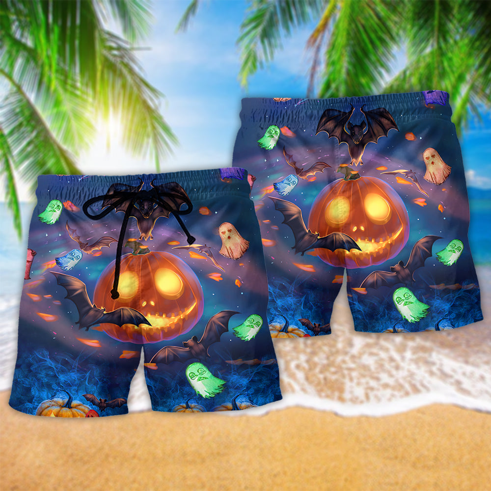 Halloween Glowing Pumpkins By Night Hawaiian Beach Shorts For Distinctive Warm Weather Style