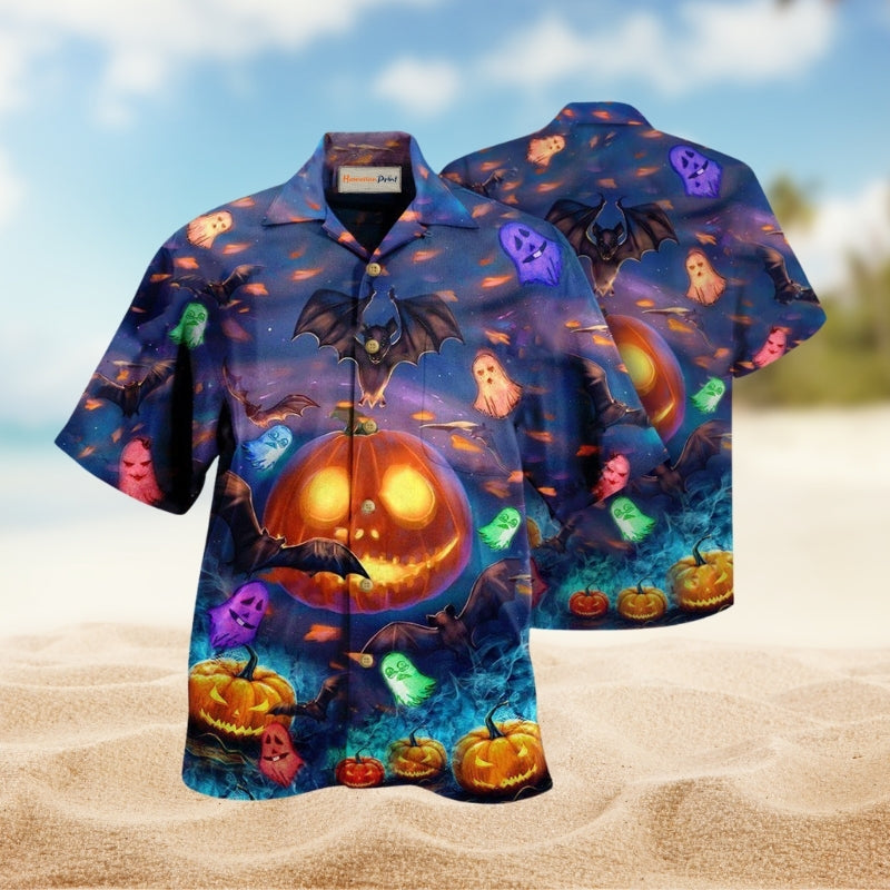 Halloween Glowing Pumpkins By Night Hawaiian Shirt For Summer Vacation Beach Travel And Relaxed Casual Wear
