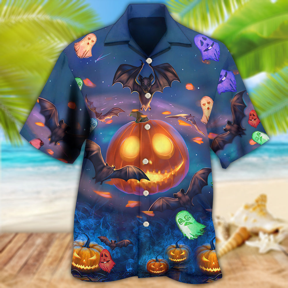 Glowing Bat Halloween Pumpkins Night Hawaiian Shirt For Vacation Days And Relaxed Coastal Outings