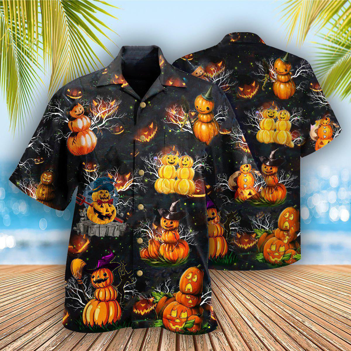 Halloween Lit Hawaiian Shirt Artwork Detail For Tropical Trips And Casual Outings