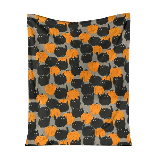 Halloween Pumpkin Black Cat Flannel Blanket For Cozy Bedroom Sofa Decor