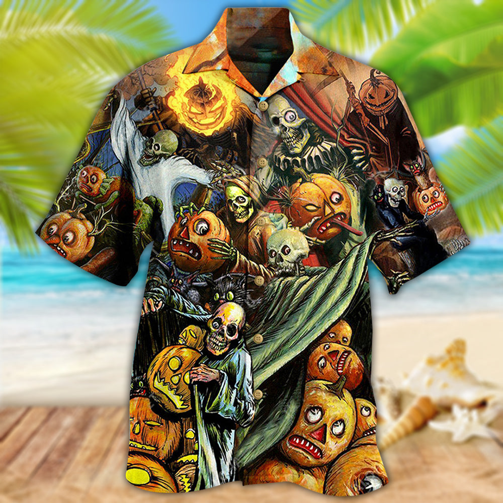 Dark Halloween Hawaiian Shirt With Detailed Graphic For Coastal Adventures Summer Events And Everyday Comfort
