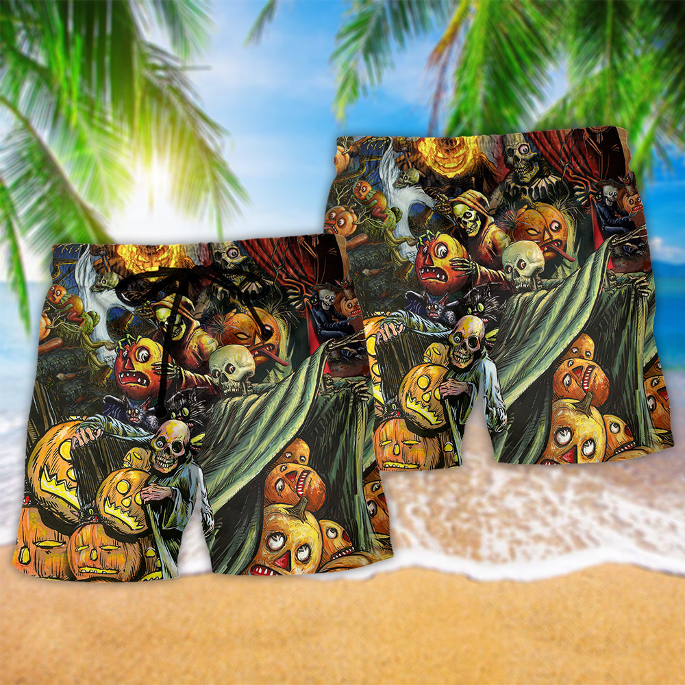 Halloween Night Pumpkin Scary Beach Shorts Pattern Detail For Seaside Leisure And Warm Weather Wardrobe