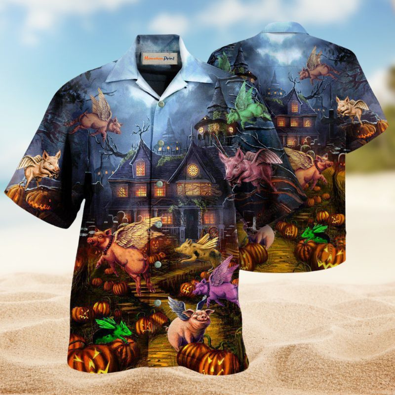 Halloween Pigs Fly Hawaiian Shirt For Island Vacations, Resort Wear, And Relaxed Seasonal Style