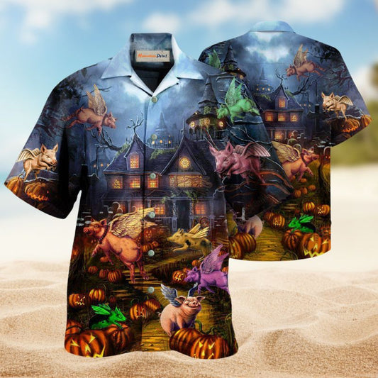 Halloween Pigs Fly Hawaiian Shirt For Island Vacations, Resort Wear, And Relaxed Seasonal Style