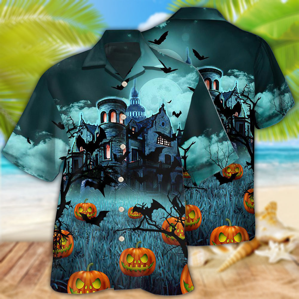 Dark Halloween Night Pumpkin Hawaiian Shirt For Vacation Days And Relaxed Coastal Outings