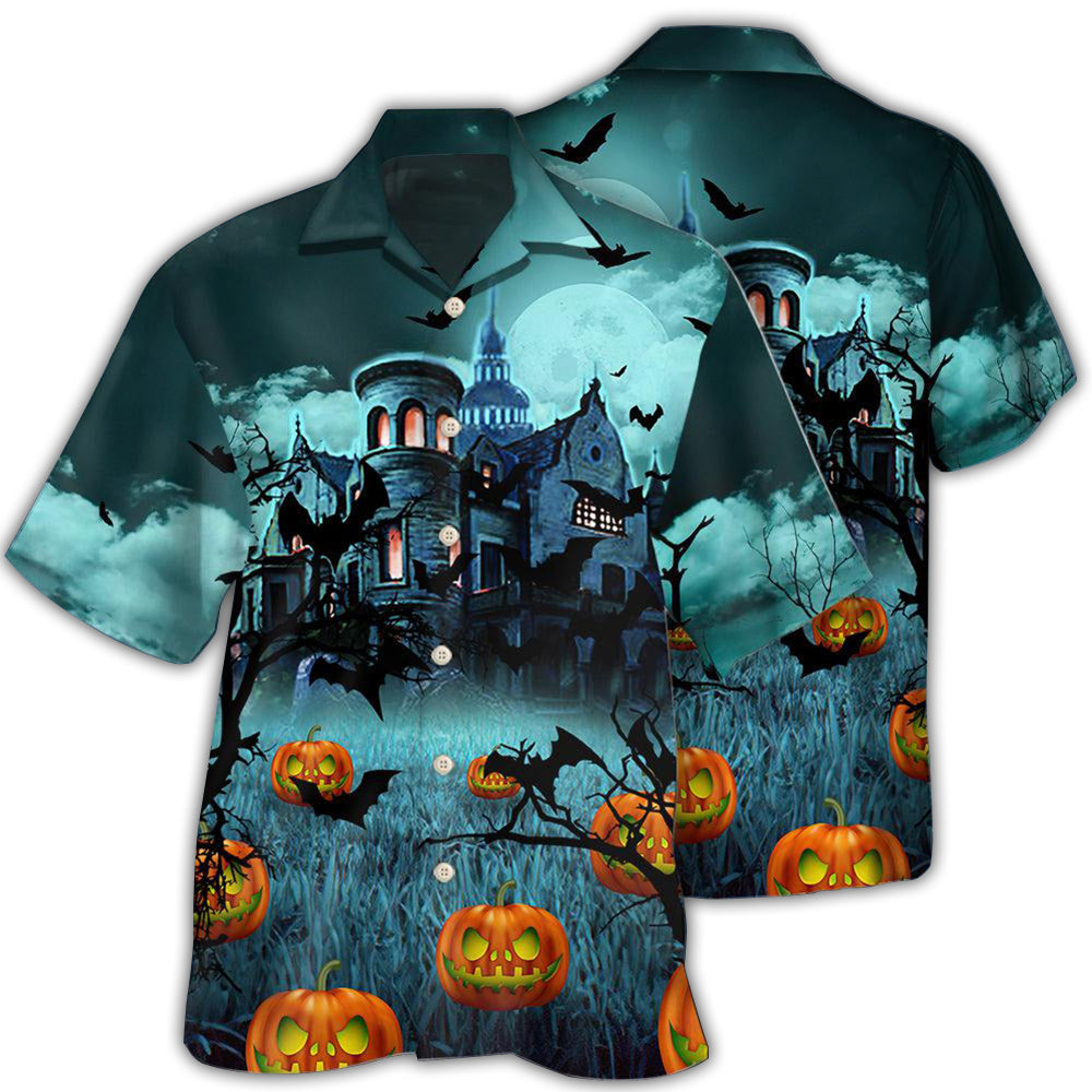 Dark Halloween Night Pumpkin Hawaiian Shirt Artwork View For Weekend Travel And Beach Style