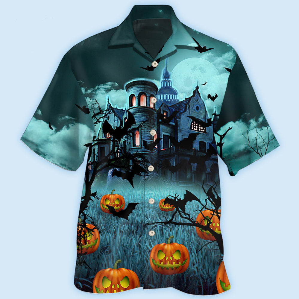 Dark Halloween Night Pumpkin Hawaiian Shirt Pattern Detail For Summer Holidays And Outdoor Fun