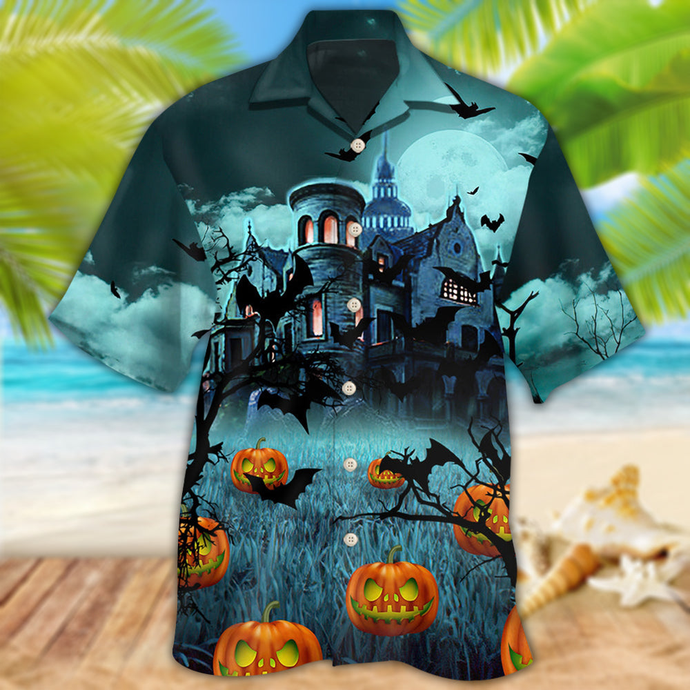 Dark Halloween Night Pumpkin Hawaiian Shirt Design Detail For Sunny Adventures And Casual Wear