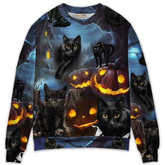 Halloween Black Cat Dark Night Sweater For Art Fans Travel Parties And Distinctive Casual Style