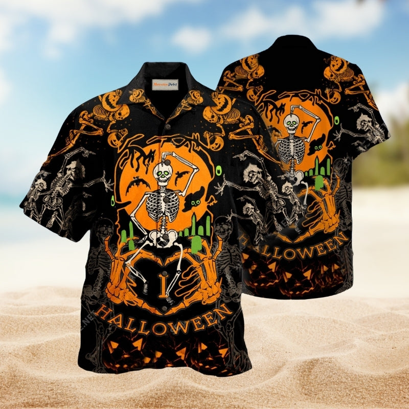 Halloween Dancing Skeleton Hawaiian Shirt For Resort Events Seasonal Fun And Casual Warm Weather Style