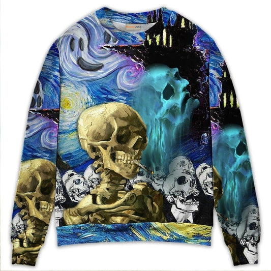 Halloween Skull Smoke Starry Night Sweater For Alternative Outfits Seasonal Events And Everyday Comfort