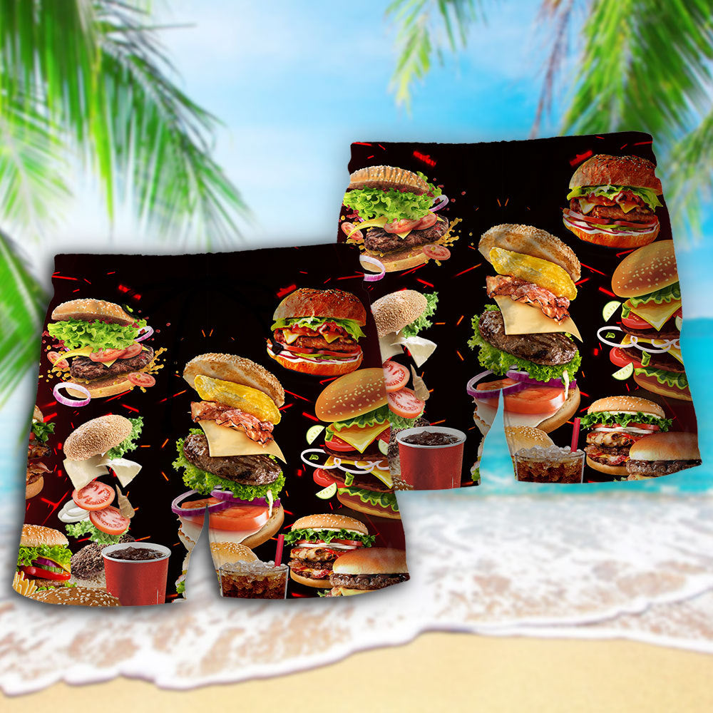 Food Hamburger Fast Food Lover Hawaiian Print Beach Shorts For Weekend Getaways And Comfort