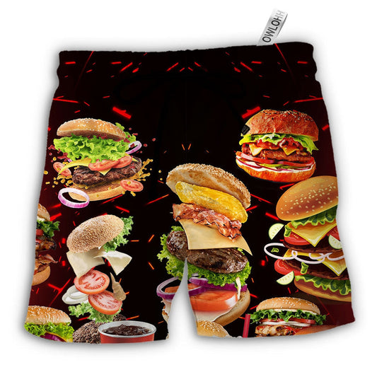 Food Hamburger Fast Food Lover Hawaiian Print Beach Shorts For Sunny Outdoor Celebrations