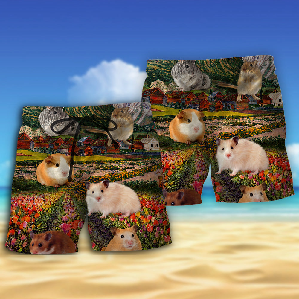 Floral Hamster Beach Shorts Pattern Detail For Vacation Style And Travel Ready Comfort