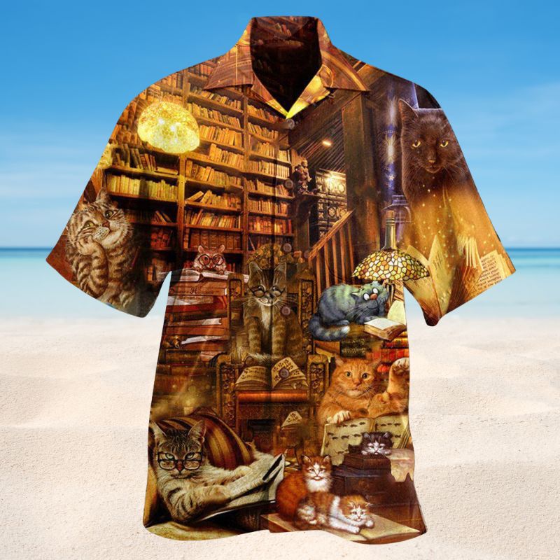 Happiness Is A Good Book And A Cat Hawaiian Shirt For Summer Vacation Beach Travel And Relaxed Casual Wear