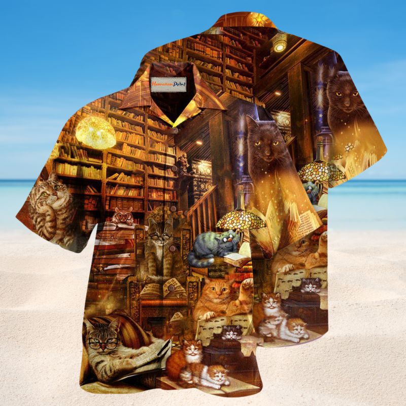 Happiness Is A Good Book And A Cat Hawaiian Shirt For Summer Vacation Beach Travel And Relaxed Casual Wear