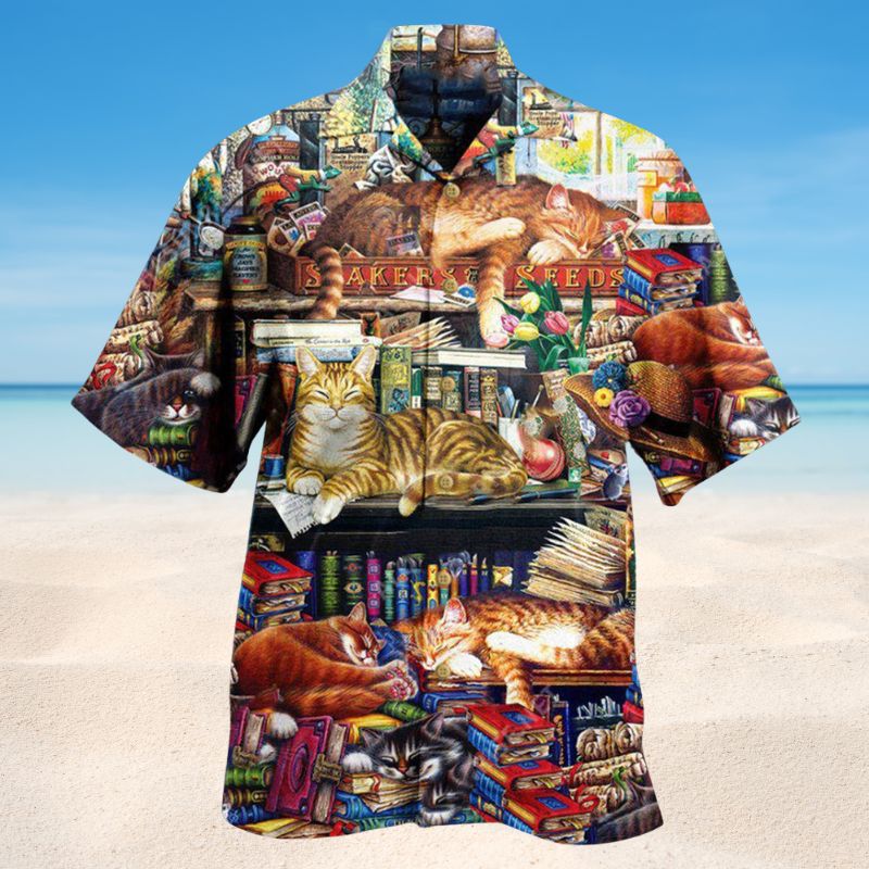 Books Happiness Is A Good Book And A Sleeping Cat Hawaiian Shirt For Summer Travel And Casual Beach Wear