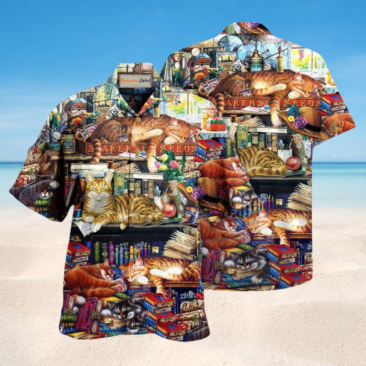 Books Happiness Is A Good Book And A Sleeping Cat Hawaiian Shirt For Summer Travel And Casual Beach Wear