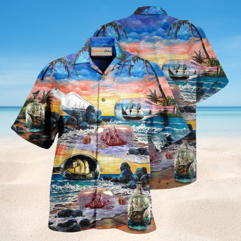 Happiness Is A Ship In A Bottle Hawaiian Shirt For Summer Vacation Beach Travel And Relaxed Casual Wear