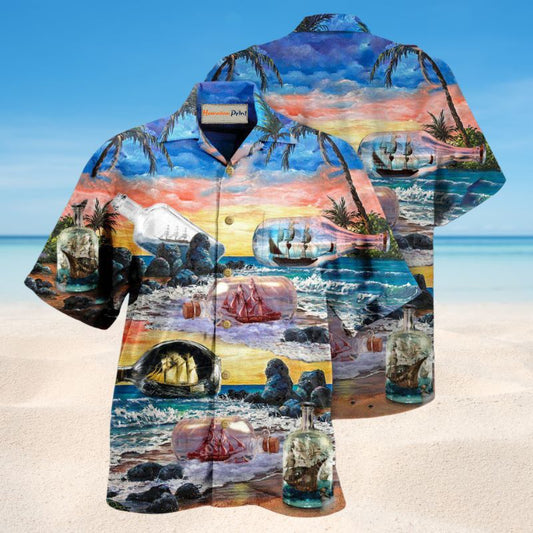 Happiness Is A Ship In A Bottle Hawaiian Shirt For Summer Vacation Beach Travel And Relaxed Casual Wear