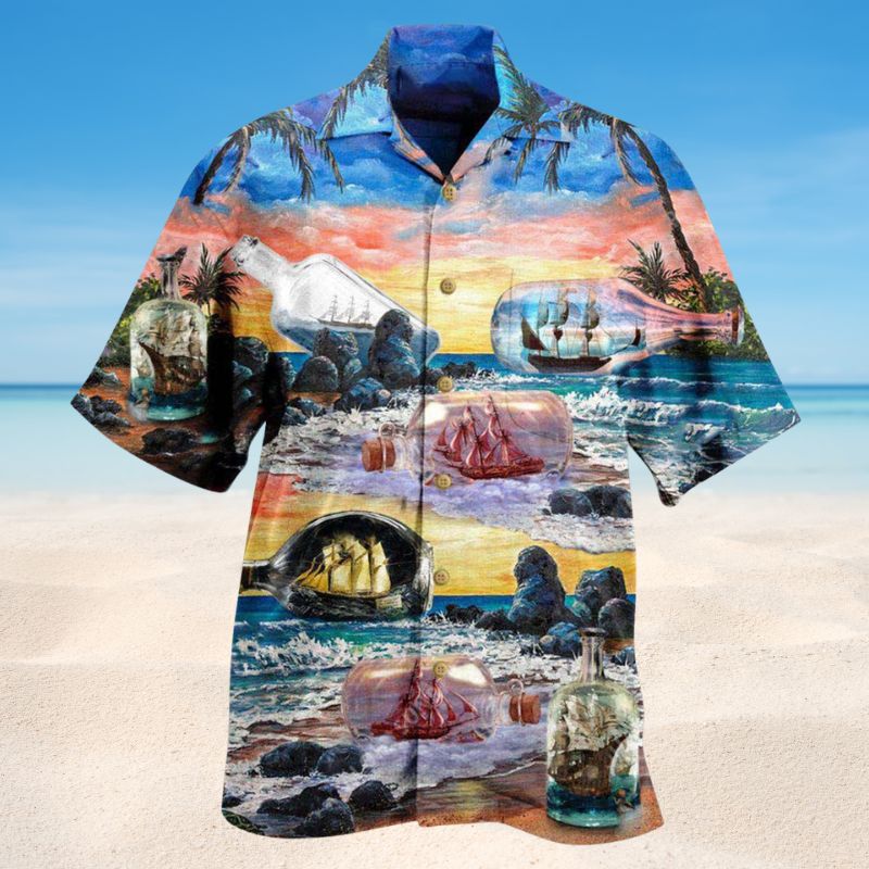 Happiness Is A Ship In A Bottle Hawaiian Shirt For Summer Vacation Beach Travel And Relaxed Casual Wear